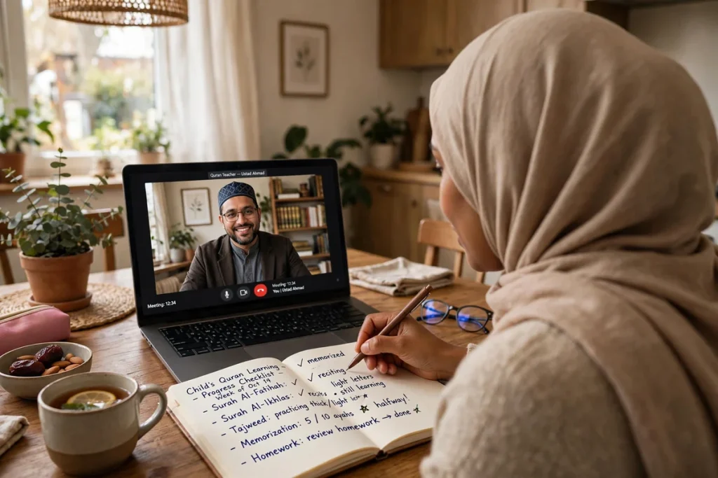 Parent discussing her child's Quran learning progress checklist with a teacher on a video call in Paterson