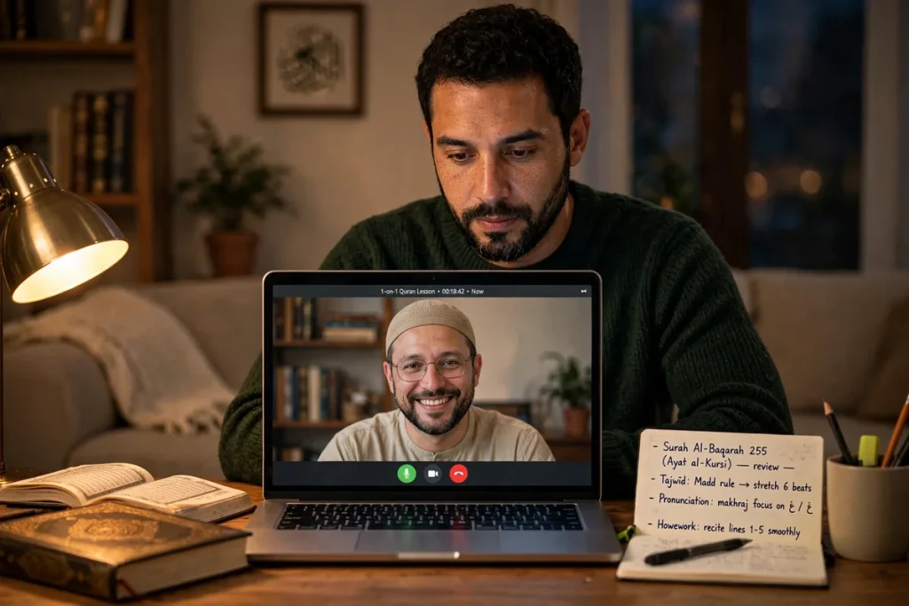 Adult learner in a one-to-one online Quran lesson at home in Paterson with lesson notes beside his laptop