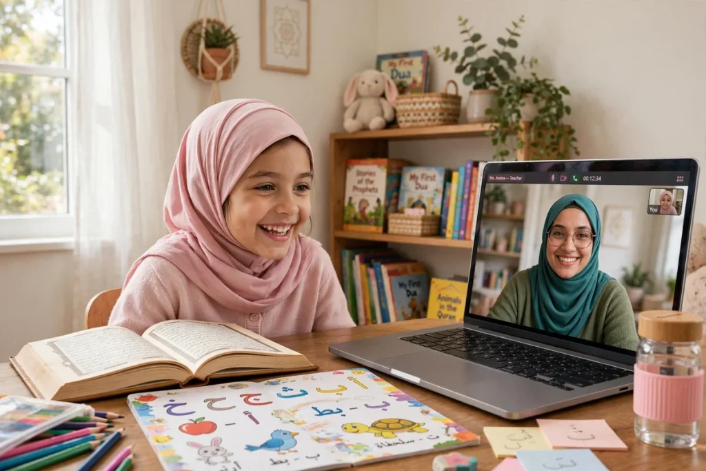 Young girl in a pink hijab smiling during a one-to-one online Quran class for kids in Paterson