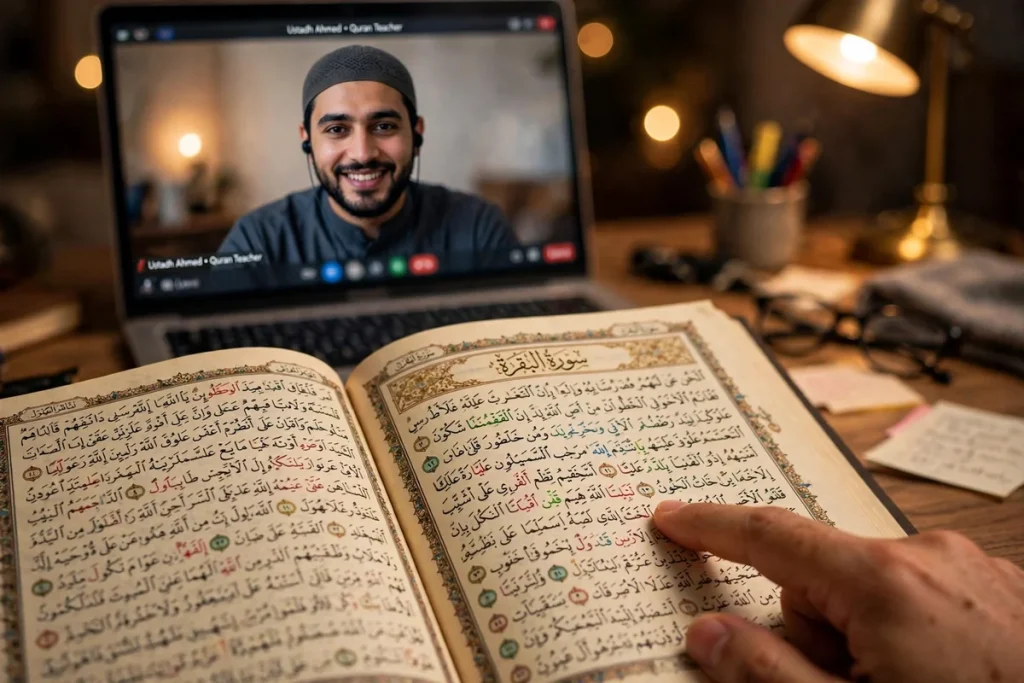 Learner reading a color-coded Tajweed Quran while a teacher guides recitation on a video call in Paterson