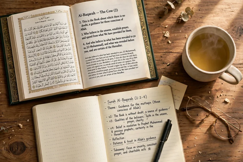 Open Quran with English translation and handwritten study notes on a desk in Paterson