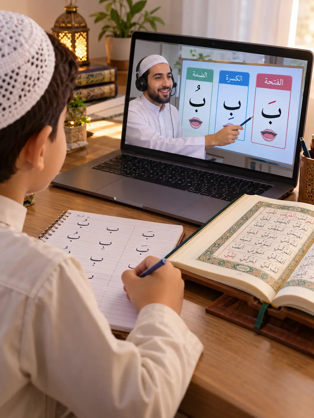 Muslim child learning Fatha Kasra and Damma during an online Quran lesson