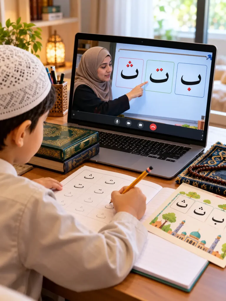 Child learning to distinguish similar Arabic letters ب ت ث in an online Quran lesson