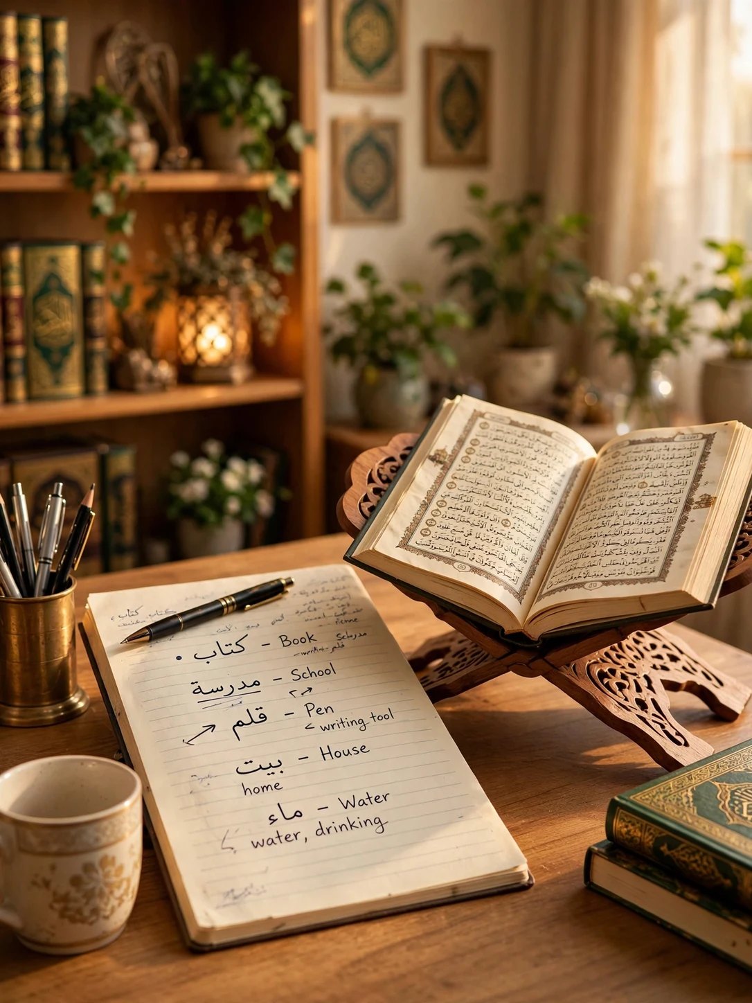 Arabic vocabulary notebook with English meanings for Quran study