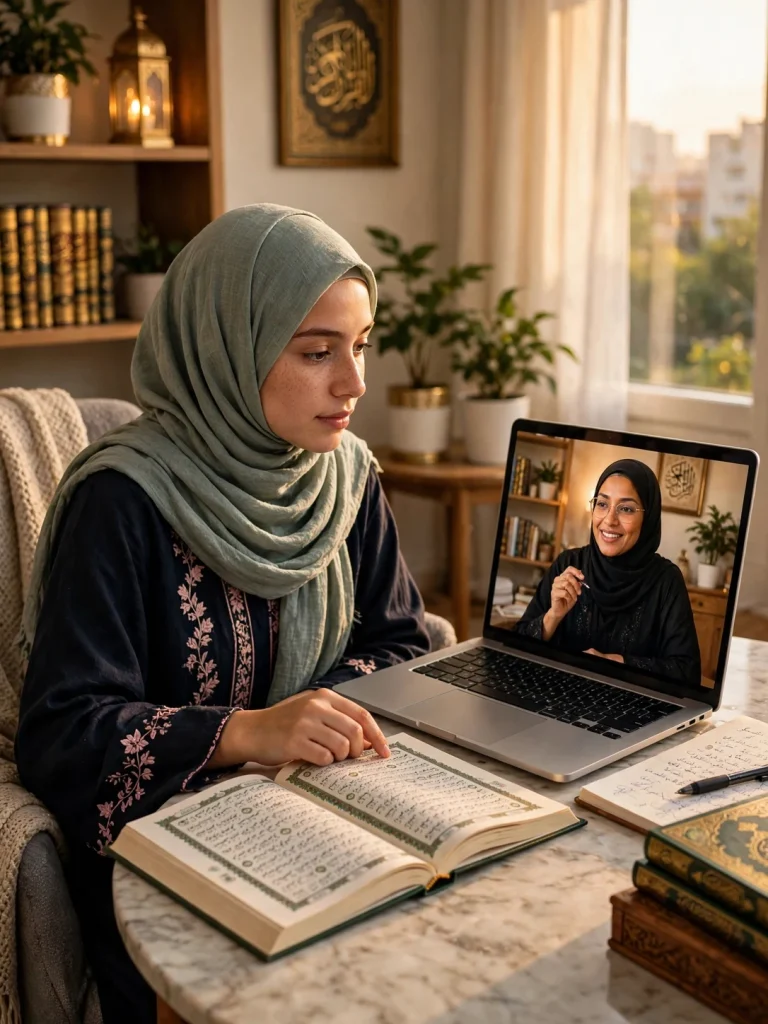 Female Quran teacher explaining verse meanings in a live video lesson