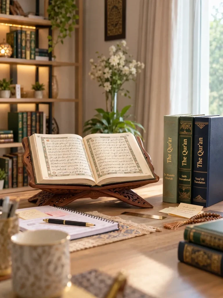 English Quran translations beside the Arabic Quran on a desk