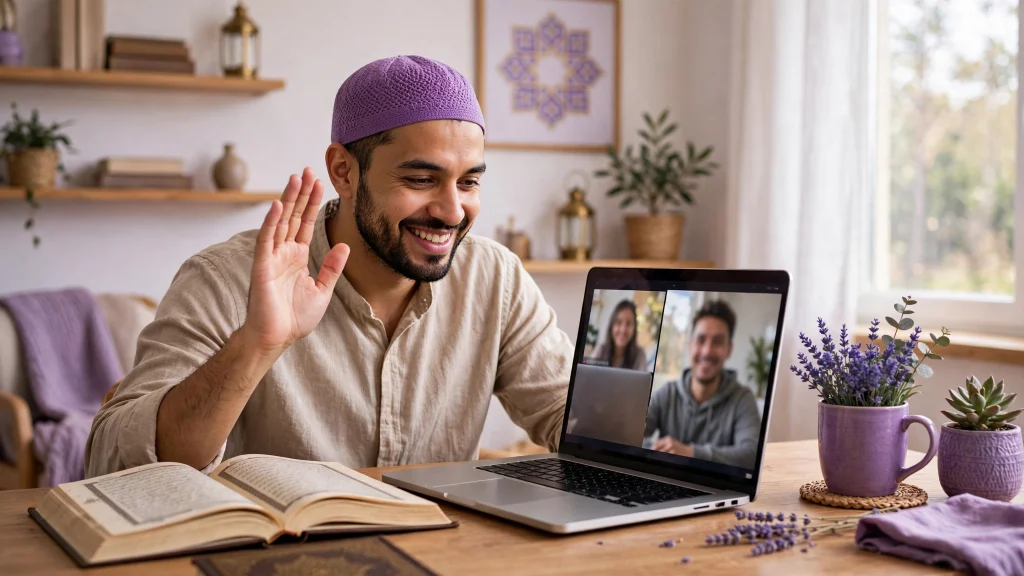 Quran teacher welcoming a new student on a free trial video class