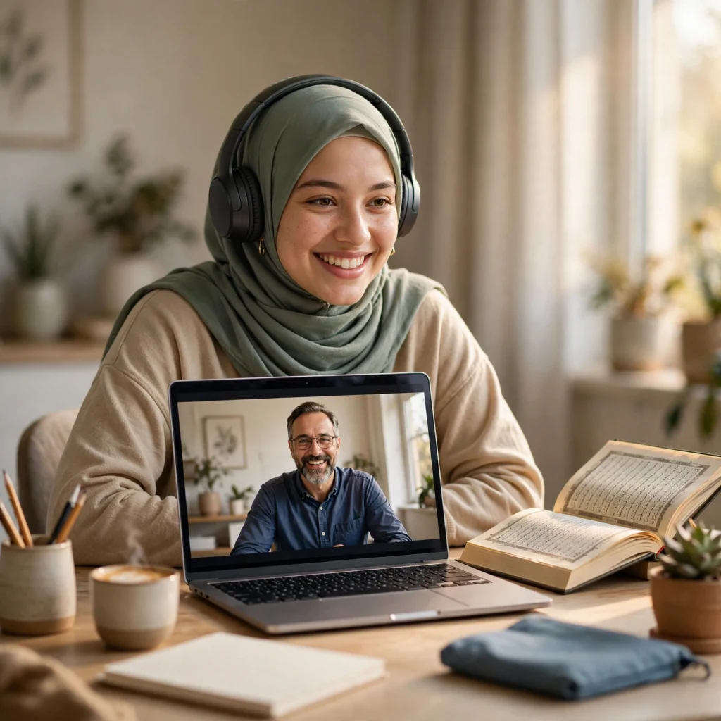 Student attending a live online Quran class on laptop with headphones