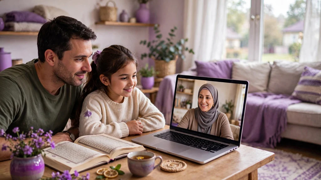 A family learning the Quran online together at home in Northern Virginia