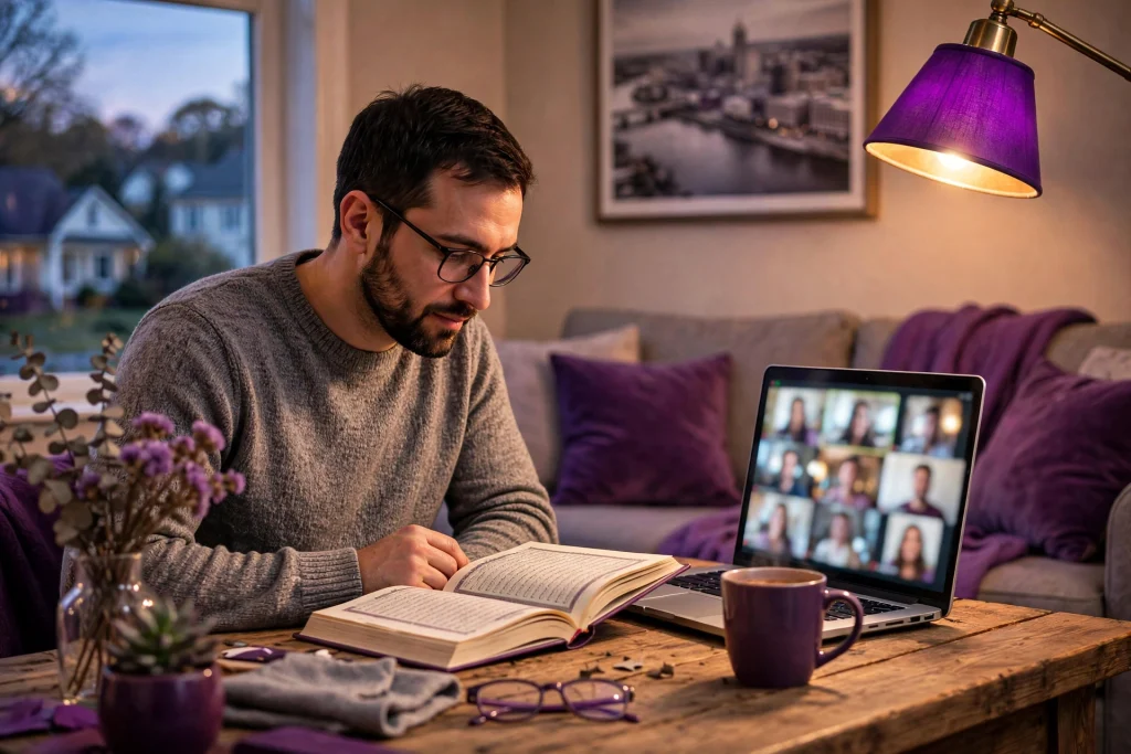 A learner reading the Quran during an online lesson in Richmond and Central Virginia